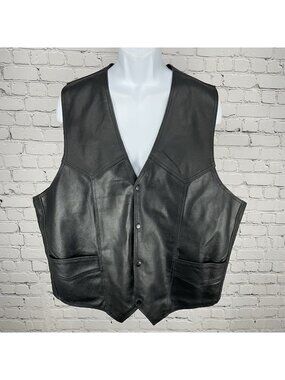Genuine Leather Black Bikercore Classic Snapped Lined Vest Pockets Size 56